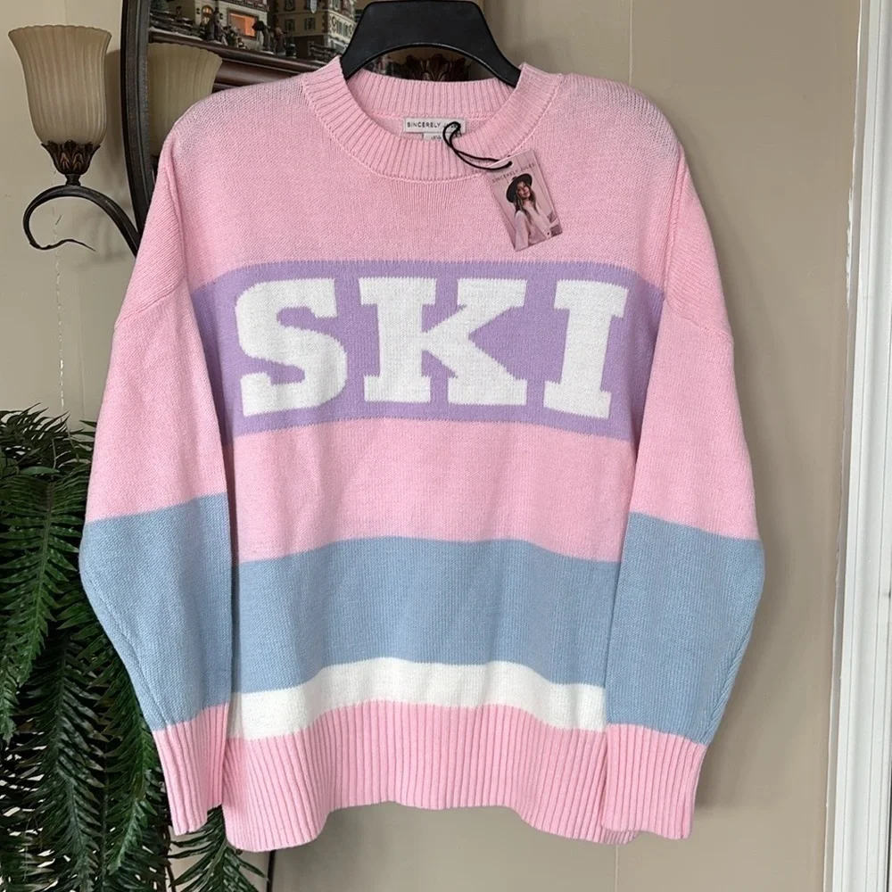 NWT Sincerely Jules Knit Pink Pastel Ski Sweater Crew Neck Oversized Stripes